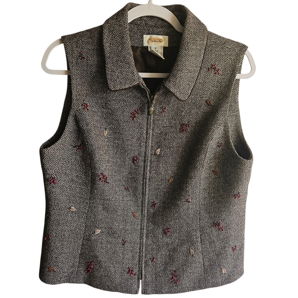 Talbots Wool Blend Zip Up Vest With Fall Leaves Size M Brown Herringbone